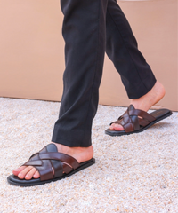 Brown Leather Woven Slides-VS3005