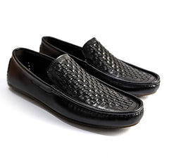 Black Woven Lth Loafers-VL009