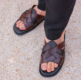 Brown Leather Woven Slides-VS3005
