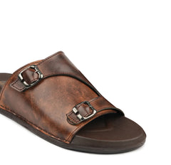 Brown Buckle Leather Slides-VS3004