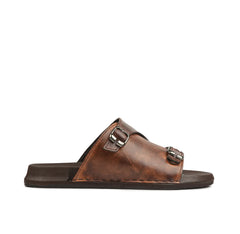 Brown Buckle Leather Slides-VS3004