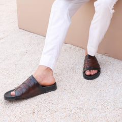 Brown Textured Leather Slides-VS3002