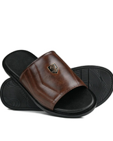 Brown Leather Crest Slides-VS3003
