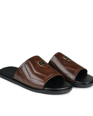 Brown Leather Crest Slides-VS3003