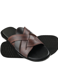 Brown Leather Woven Slides-VS3005