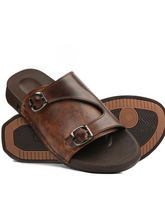 Brown Buckle Leather Slides-VS3004