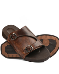 Brown Buckle Leather Slides-VS3004