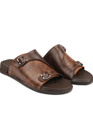 Brown Buckle Leather Slides-VS3004