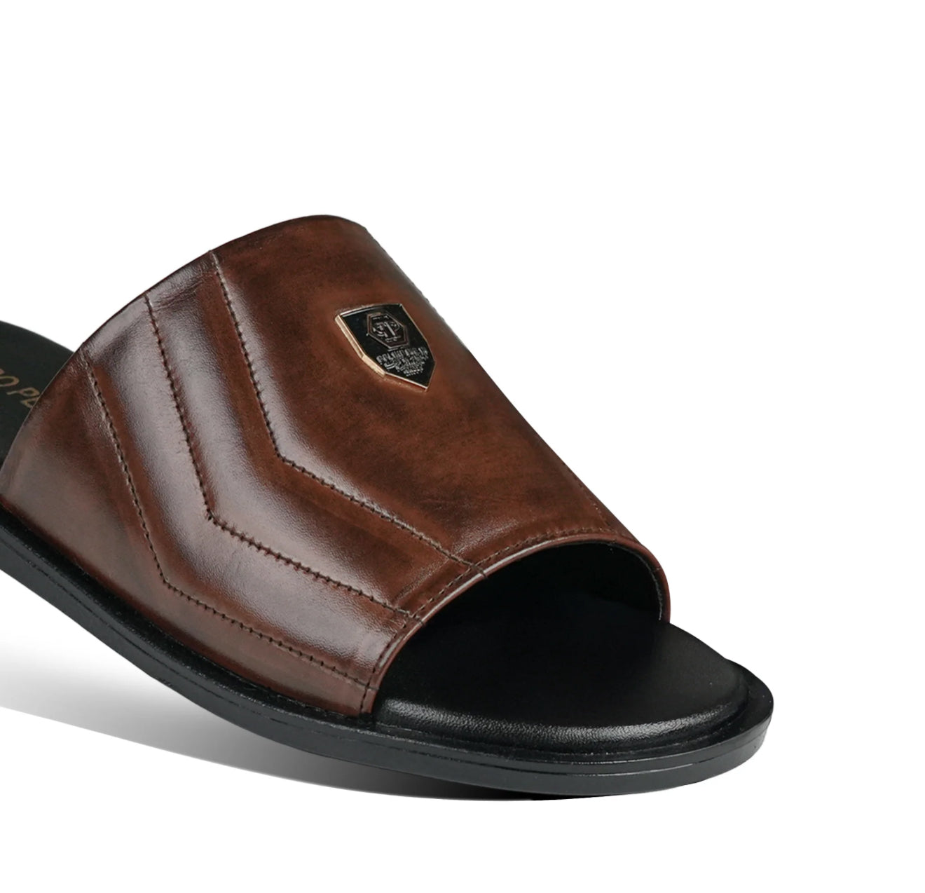 Brown Leather Crest Slides-VS3003