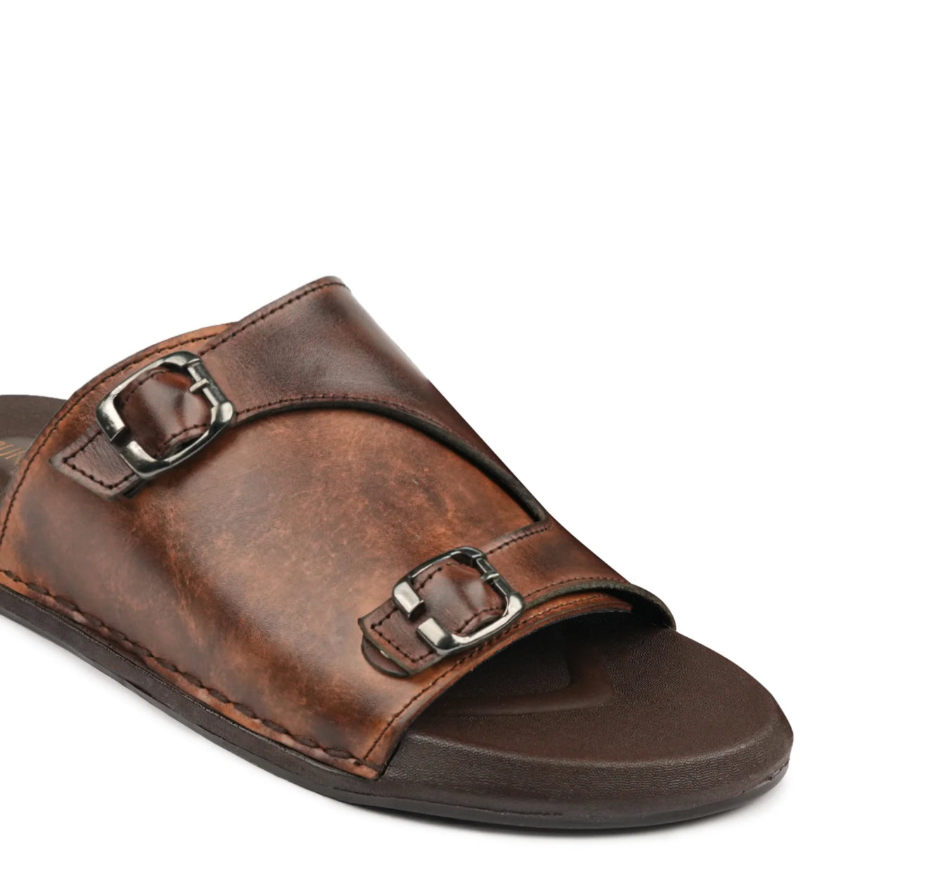 Brown Buckle Leather Slides-VS3004